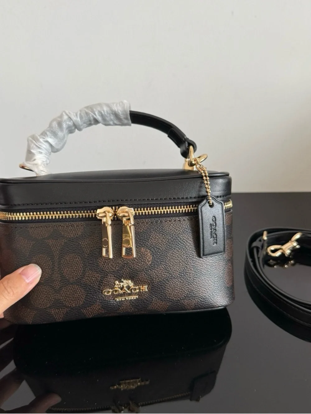 Coach Brown Signature Cosmetic Crossbody with Black Trim & Gold Hardware